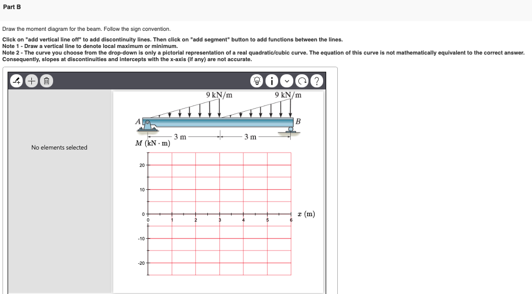 Part B
Draw the moment diagram for the beam. Follow the sign convention.
Click on "add vertical line off" to add discontinuity lines. Then click on "add segment" button to add functions between the lines.
Note 1- Draw a vertical line to denote local maximum or minimum.
Note 2 - The curve you choose from the drop-down is only a pictorial representation of a real quadratic/cubic curve. The equation of this curve is not mathematically equivalent to the correct answer.
Consequently, slopes at discontinuities and intercepts with the x-axis (if any) are not accurate.
9 kN/m
9 kN/m
B
3 m
M (kN · m)
3 m
No elements selected
20
10
т (m)
-10
