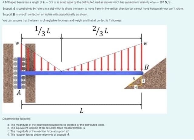 AT-Shaped beam has a length of L- 35 m is acted upon by the distributed load as shown which has a maximum intensity of w- 597 N/m
Support
ort A isco
constrained by rollers in a slot which is allows the beam to move freely in the vertical direction but cannot move horizontally nor can it rotate.
Support Bis smooth contact on an incline with proportionality as shown.
You can assume that the beam is of negligibie thickness and weight and that al contact is frictionless.
13L
2/3L
B
5
3
A
L
Determine the following
a The magnitude of the equivalent resultant force created by the distributed loads.
b. The equivalent location of the resultant force measured from A
c The magnitude of the reaction force at support B
d. The reaction forces and/or moments at support A.
