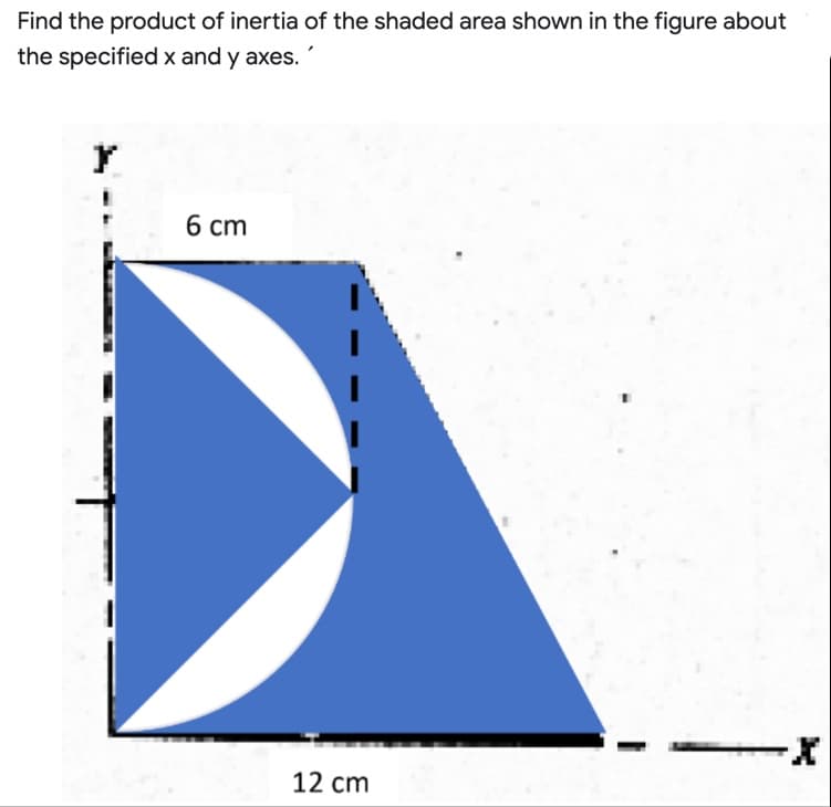 Find the product of inertia of the shaded area shown in the figure about
the specified x and y axes.
6 cm
X
MEM-
12 cm