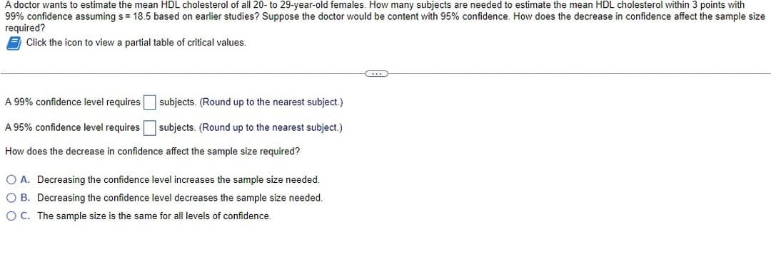 A doctor wants to estimate the mean HDL cholesterol of all 20- to 29-year-old females. How many subjects are needed to estimate the mean HDL cholesterol within 3 points with
99% confidence assuming s = 18.5 based on earlier studies? Suppose the doctor would be content with 95% confidence. How does the decrease in confidence affect the sample size
required?
Click the icon to view a partial table of critical values.
A 99% confidence level requires
A 95% confidence level requires
How does the decrease in confidence affect the sample size required?
subjects. (Round up to the nearest subject.)
subjects. (Round up to the nearest subject.)
O A. Decreasing the confidence level increases the sample size needed.
O B. Decreasing the confidence level decreases the sample size needed.
O C. The sample size is the same for all levels of confidence.
(...)