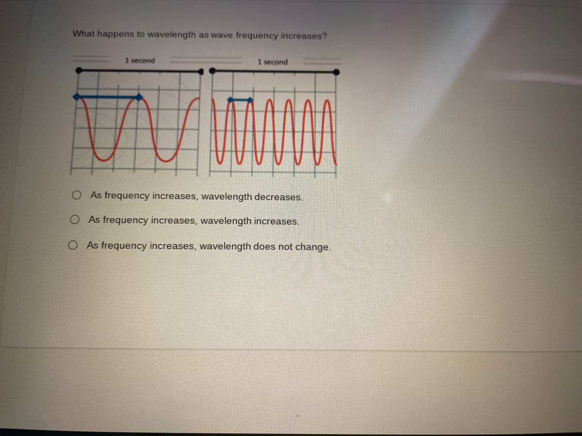 What happens to wavelength as wave frequency increases?
1 second
1 second
O As frequency increases, wavelength decreases.
O As frequency increases, wavelength increases.
O As frequency increases, wavelength does not change.
