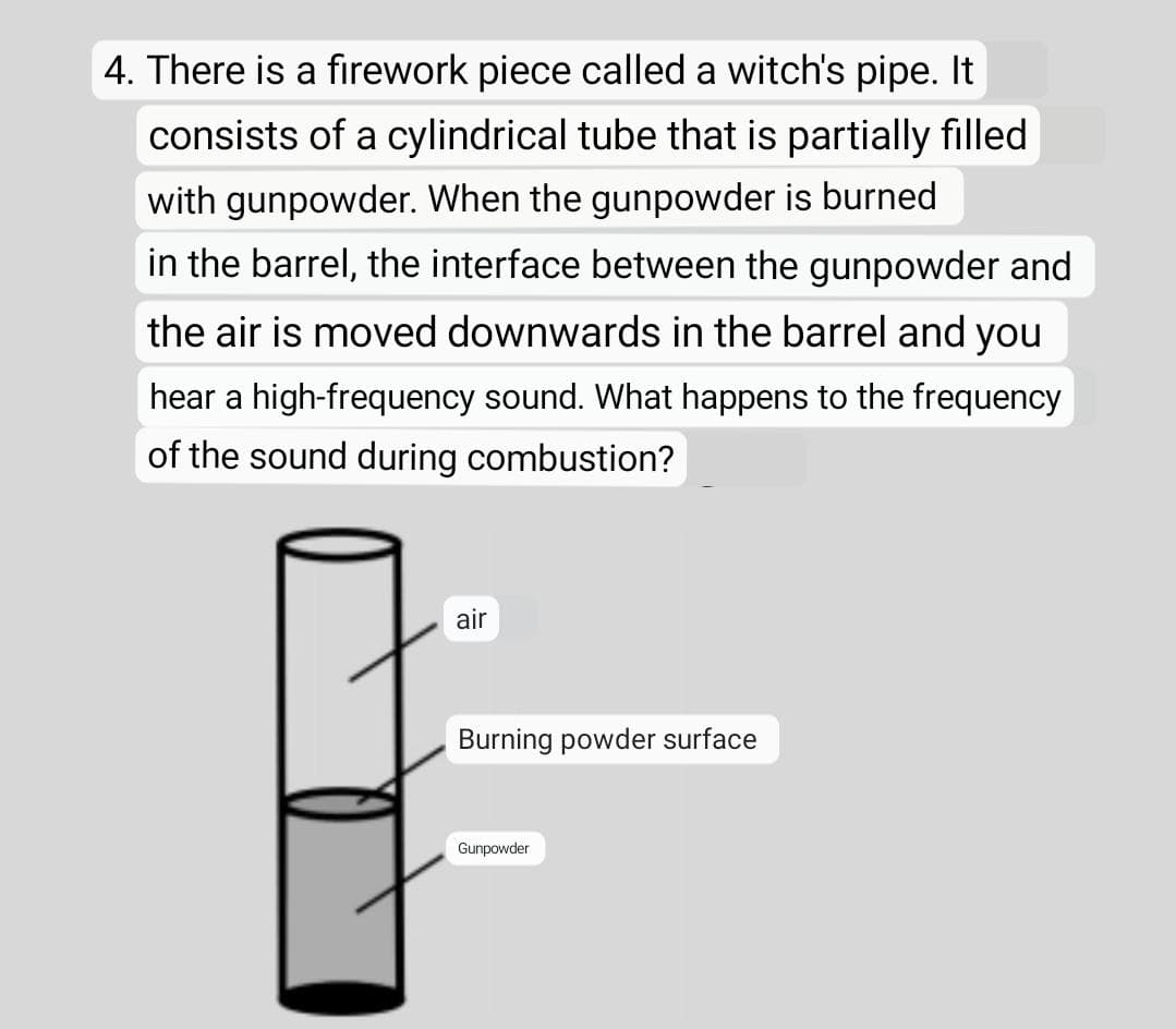 4. There is a firework piece called a witch's pipe. It
consists of a cylindrical tube that is partially filled
with gunpowder. When the gunpowder is burned
in the barrel, the interface between the gunpowder and
the air is moved downwards in the barrel and you
hear a high-frequency sound. What happens to the frequency
of the sound during combustion?
air
Burning powder surface
Gunpowder
