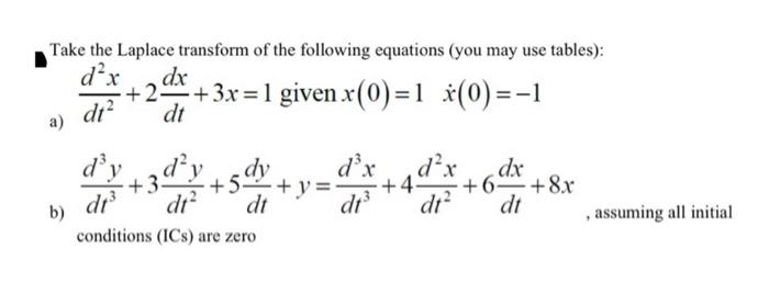 Take the Laplace transform of the following equations (you may use tables):
d²x
+3x=1 given x(0)=1 x(0)=-1
dt²
a)
d'y
b) dt³
dx
dt
+3² +
+5dy
dt
conditions (ICs) are zero
+
d³x
dt³
d²x dx
dt
+49 ²
dt2
+8x
.
assuming all initial