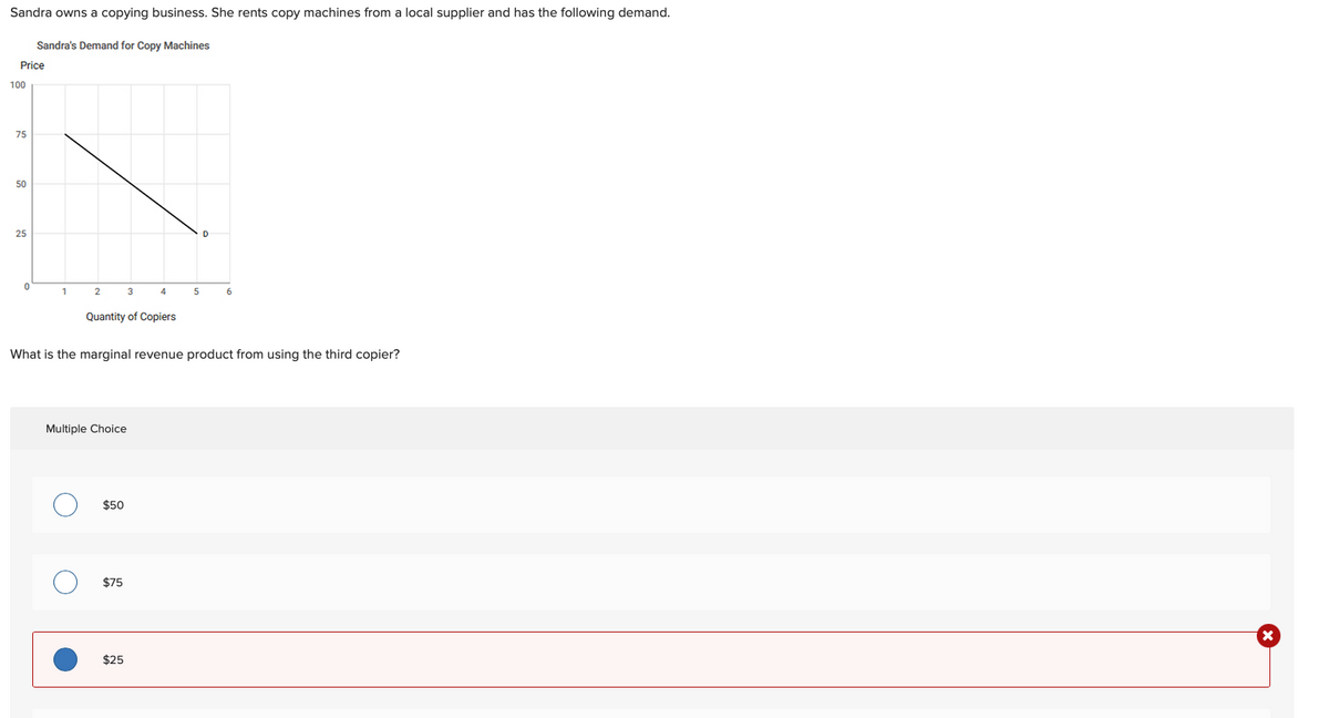 Sandra owns a copying business. She rents copy machines from a local supplier and has the following demand.
Price
100
75
50
Sandra's Demand for Copy Machines
25
1
2
3
Quantity of Copiers
Multiple Choice
$50
4
$75
What is the marginal revenue product from using the third copier?
$25
5
D
6