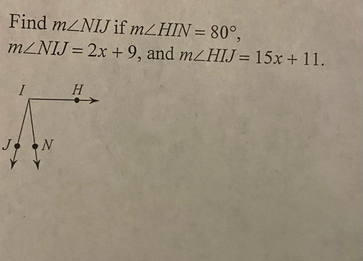 Find mZNIJ if MLHIN = 80°,
%3D
M2NIJ = 2x + 9, and m/HIJ= 15x + 11.
%3D
H
