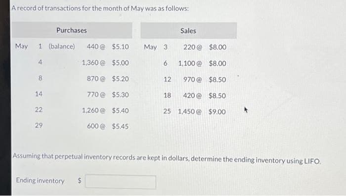 A record of transactions for the month of May was as follows:
May 1 (balance)
8
14
22
Purchases
29
440 @
1,360 @
$5.10
$5.00
870 @ $5.20
770 @
$5.30
1,260 @ $5.40
600 @ $5.45
Ending inventory $
May 3
$8.00
$8.00
970@ $8.50
18 420@ $8.50
25 1,450@ $9.00
6
Sales
12
220 @
1,100 @
Assuming that perpetual inventory records are kept in dollars, determine the ending inventory using LIFO.