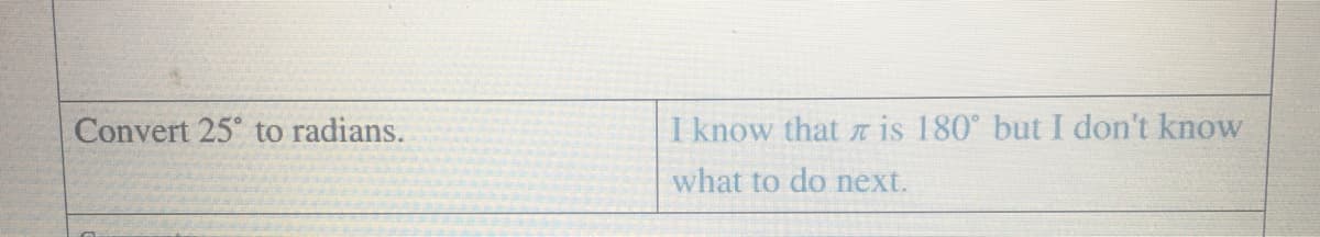 Convert 25° to radians.
I know that r is 180° but I don't know
what to do next.
