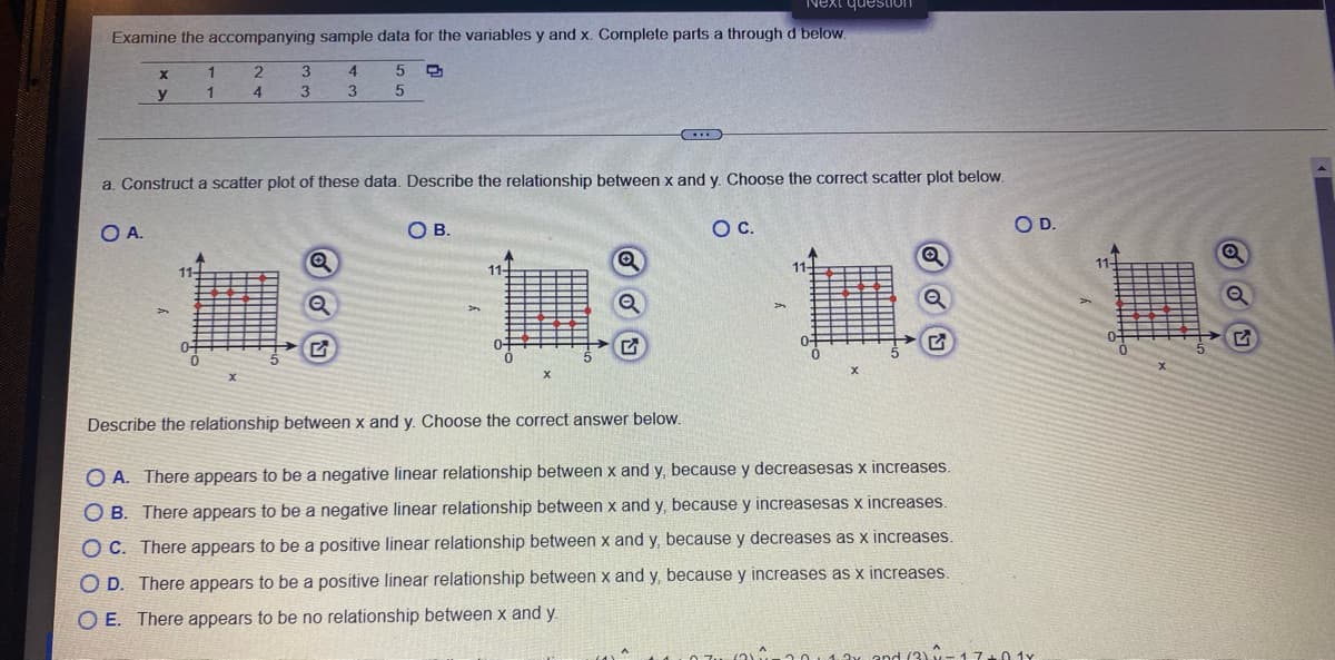 Examine the accompanying sample data for the variables y and x. Complete parts a throughd below.
Uonsenh iXAN
1
4
y
1
4
a. Construct a scatter plot of these data. Describe the relationship between x and y. Choose the correct scatter plot below.
OA.
OB.
Ос.
OD.
11
11-
11-
Describe the relationship between x and y. Choose the correct answer below.
O A. There appears to be a negative linear relationship between x and y, because y decreasesas x increases.
O B. There appears to be a negative linear relationship between x and y, because y increasesas x increases.
There appears to be a positive linear relationship between x and y, because y decreases as x increases.
D. There appears to be a positive linear relationship between x and y, because y increases as x increases.
O E. There appears to be no relationship between x and y
and (2) A
17+0 1y
O O O O O
