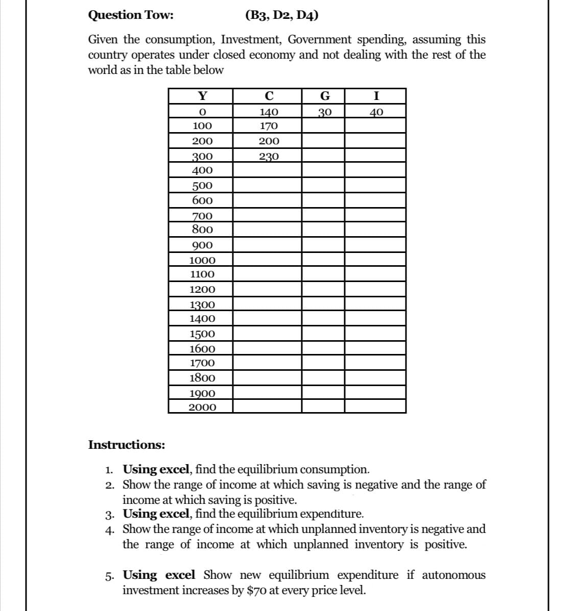 Question Tow:
(Вз, D2, D4)
Given the consumption, Investment, Government spending, assuming this
country operates under closed economy and not dealing with the rest of the
world as in the table below
Y
C
G
I
140
30
40
100
170
200
200
300
230
400
500
600
700
800
900
1000
1100
1200
1300
1400
1500
1600
1700
1800
1900
2000
Instructions:
1. Using excel, find the equilibrium consumption.
2. Show the range of income at which saving is negative and the range of
income at which saving is positive.
3. Using excel, find the equilibrium expenditure.
4. Show the range of income at which unplanned inventory is negative and
the range of income at which unplanned inventory is positive.
5. Using excel Show new equilibrium expenditure if autonomous
investment increases by $70 at every price level.
