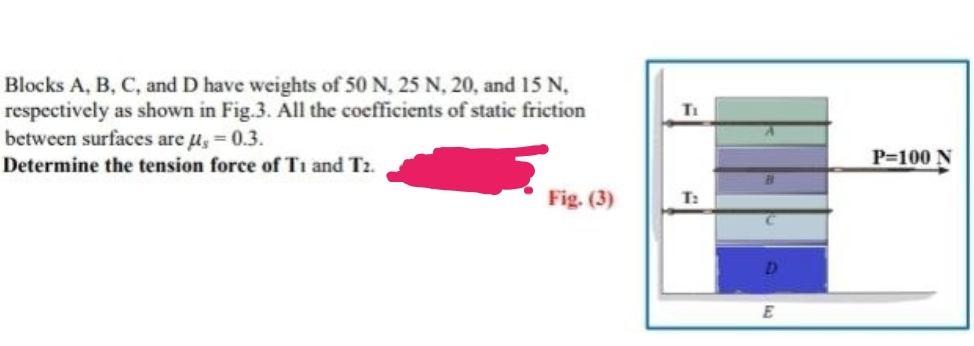 Blocks A, B, C, and D have weights of 50 N, 25 N, 20, and 15 N,
respectively as shown in Fig.3. All the coefficients of static friction
between surfaces are μ, = 0.3.
Determine the tension force of T1 and T2.
Fig. (3)
T₁
T:
D
E
P=100 N