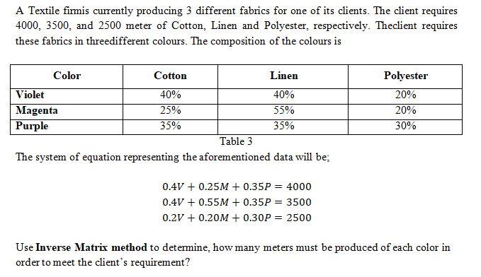 A Textile firmis currently producing 3 different fabrics for one of its clients. The client requires
4000, 3500, and 2500 meter of Cotton, Linen and Polyester, respectively. Theclient requires
these fabrics in threedifferent colours. The composition of the colours is
Color
Cotton
Linen
Polyester
20%
20%
30%
Violet
40%
55%
40%
Magenta
Purple
25%
35%
35%
Table 3
The system of equation representing the aforementioned data will be;
0.4V + 0.25M + 0.35P = 4000
0.4V + 0.55M + 0.35P = 3500
0.2V + 0.20M + 0.30P = 2500
Use Inverse Matrix method to determine, how many meters must be produced of each color in
order to meet the client's requirement?
