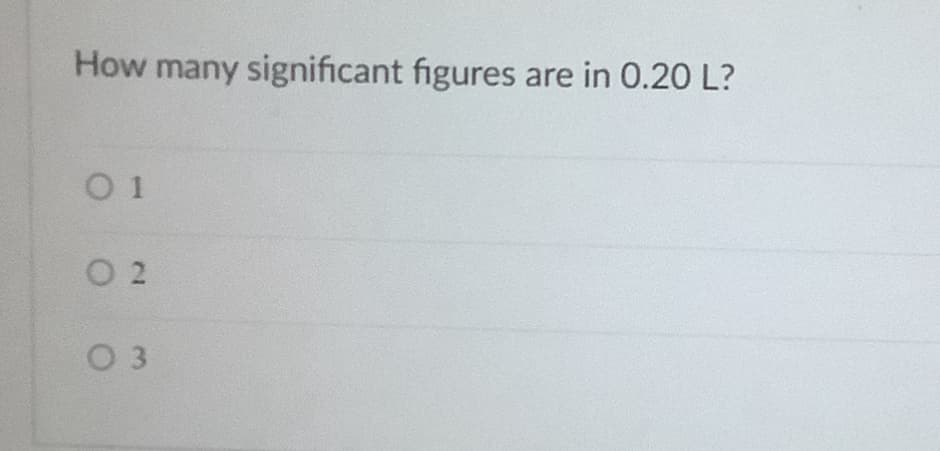 How many significant figures are in 0.20 L?
O 2
O 3
