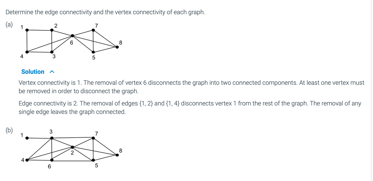 **Determine the edge connectivity and the vertex connectivity of each graph.**

**(a) Graph:**

Diagram: 
- Vertices: 1, 2, 3, 4, 5, 6, 7, 8
- Edges: Connect the vertices in the following pattern:
  - 1 ↔ 2, 1 ↔ 4
  - 2 ↔ 3, 2 ↔ 6
  - 3 ↔ 4
  - 6 ↔ 7, 6 ↔ 8
  - 7 ↔ 8, 7 ↔ 5

**Solution:**

- **Vertex connectivity** is 1. The removal of vertex 6 disconnects the graph into two connected components. At least one vertex must be removed to disconnect the graph.

- **Edge connectivity** is 2. The removal of edges {1, 2} and {1, 4} disconnects vertex 1 from the rest of the graph. Removing any single edge leaves the graph connected.

**(b) Graph:**

Diagram:
- Vertices: 1, 2, 3, 4, 5, 6, 7, 8
- Edges: Connect the vertices in the following pattern:
  - 1 ↔ 3, 1 ↔ 4
  - 3 ↔ 2, 3 ↔ 7
  - 2 ↔ 4, 2 ↔ 6
  - 7 ↔ 5, 7 ↔ 8

(Note: No solution is provided in the image for graph (b).)