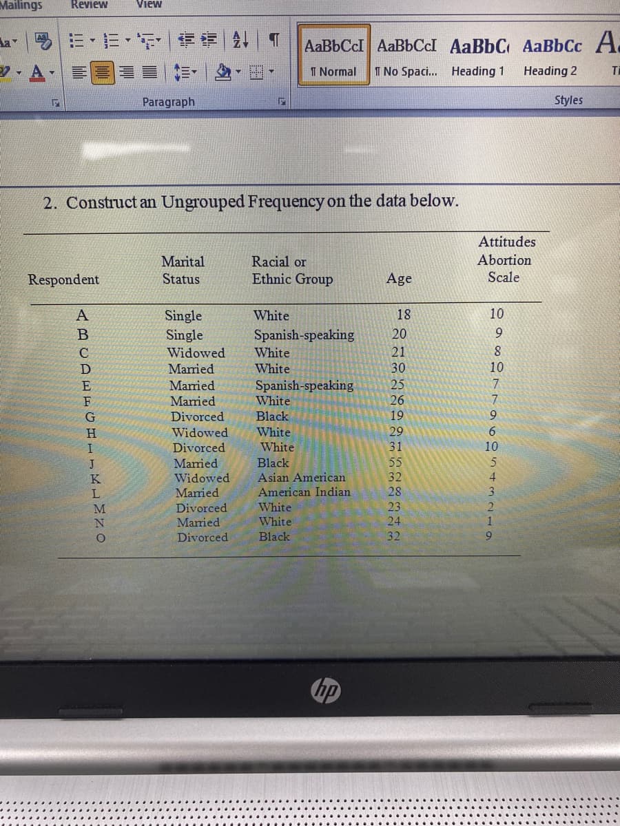 Mailings
Review
View
=,三,下| |4
AS
AaBbCcI AaBbCcI AaBbC AaBbCc A
A-
T Normal
1 No Spaci... Heading 1
Heading 2
Ti
Paragraph
Styles
2. Construct an Ungrouped Frequency on the data below.
Attitudes
Abortion
Scale
Marital
Racial or
Respondent
Status
Ethnic Group
Age
A
18
10
Single
Single
White
Spanish-speaking
20
9.
Widowed
White
21
8
Married
White
30
10
25
Spanish-speaking
White
Married
F
Married
26
7
19
6
6.
Divorced
Black
H.
Widowed
White
29
Divorced
White
31
10
Black
Asian American
Married
55
K
Widowed
32
4
Married
American Indian
28
3.
23
24
Divorced
White
Married
White
Divorced
Black
32
9.
hp
