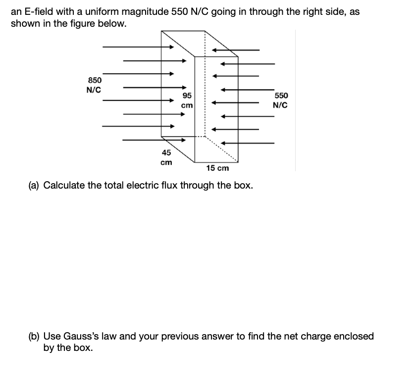 an E-field with a uniform magnitude 550 N/C going in through the right side, as
shown in the figure below.
850
N/C
95
550
cm
N/C
45
cm
15 cm
(a) Calculate the total electric flux through the box.
(b) Use Gauss's law and your previous answer to find the net charge enclosed
by the box.
