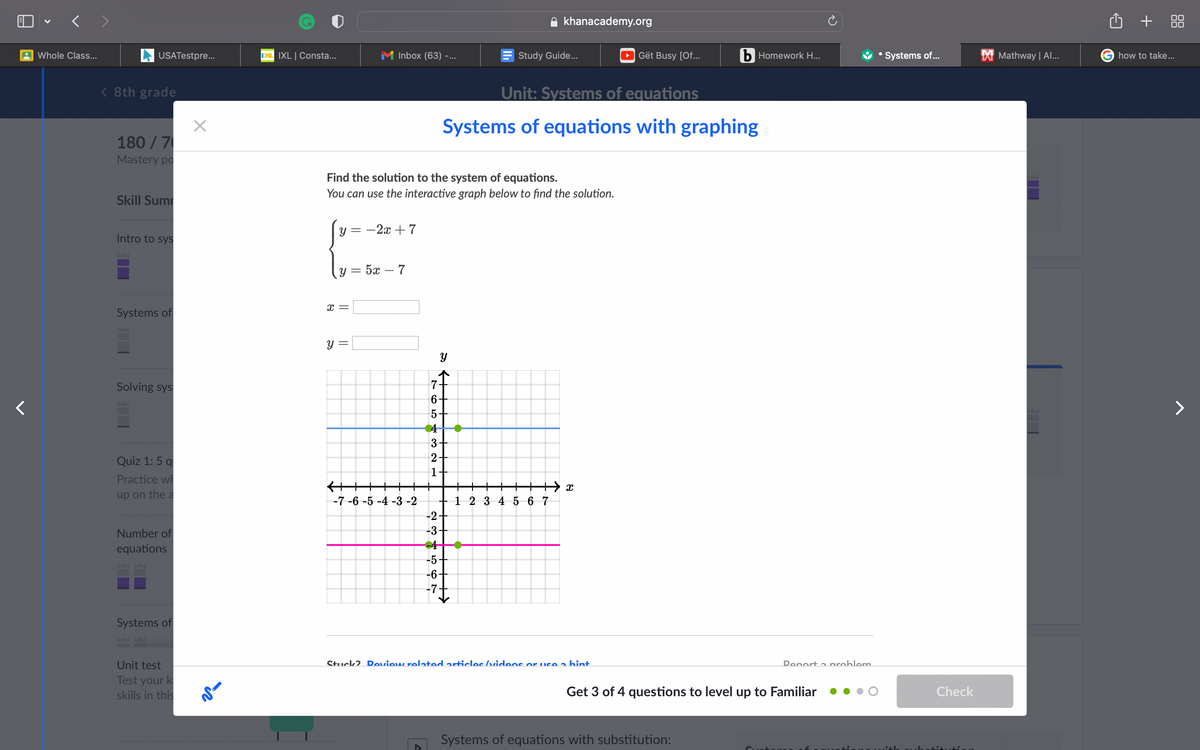 khanacademy.org
+ 88
A Whole Class...
A USATestpre...
IL IXL | Consta...
M Inbox (63) -...
Study Guide...
Gët Busy [Of...
b Homework H...
* Systems of...
X Mathway | Al..
G how to take...
< 8th grade
Unit: Systems of equations
Systems of equations with graphing
180 / 7
Mastery po
Find the solution to the system of equations.
You can use the interactive graph below to find the solution.
Skill Sum
y = -2x + 7
Intro to sys
y = 5x – 7
%3D
Systems of
y =
Solving sys
5
4
3
2
Quiz 1: 5 q
Practice wh
+
+
up on the a
-7 -6 -5 -4 -3 -2
1 2 3 4 5 6 7
-2
Number of
-3
equations
-5-
-6·
Systems of
Stuck? Review related articles/videos oor use a hint
Unit test
Test your k
Denort a nroblem
skills in this
Get 3 of 4 questions to level up to Familiar
Check
Systems of equations with substitution:
ihatitu:
నా
