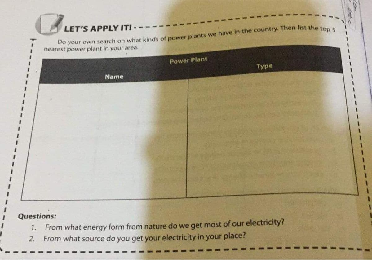 LET'S APPLY IT!--
De your own search on what kinds of power plants we have in the country. Then list the top 5
nearest power plant in your area.
Name
Power Plant
Type
Questions:
1. From what energy form from nature do we get most of our electricity?
From what source do you get your electricity in your place?
2.