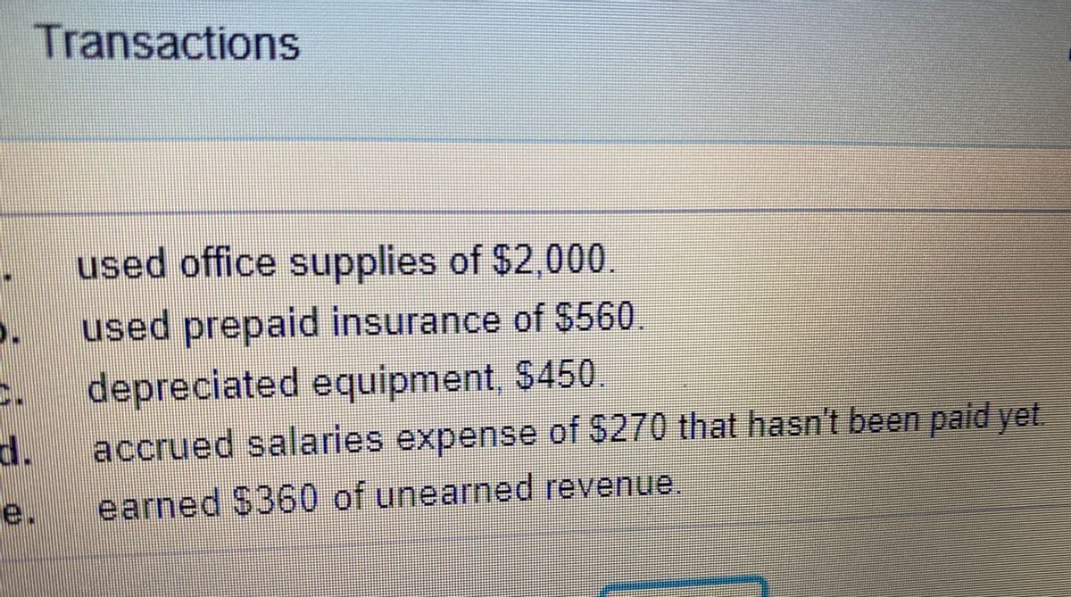 Transactions
used office supplies of $2,000.
used prepaid insurance of S560.
depreciated equipment $450
d.
accrued salaries expense of $270 that hasn't been paid yet.
e.
earned $360 of unearned revenue.
