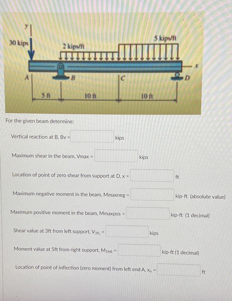 30 kips
2 kips/ft
B
5 ft
For the given beam determine:
Vertical reaction at B, Bv =
kips
Maximum shear in the beam, Vmax =
Location of point of zero shear from support at D, x =
Maximum negative moment in the beam, Mmaxneg =
Maximum positive moment in the beam, Mmaxpos =
Shear value at 3ft from left support, V3fL =
Moment value at 5ft from right support, M5ftR
=
Location of point of inflection (zero moment) from left end A, x, =
10 ft
10 ft
5 kips/ft
kips
kips
D
ft
kip-ft (absolute value)
kip-ft (1 decimal)
kip-ft (1 decimal)
ft