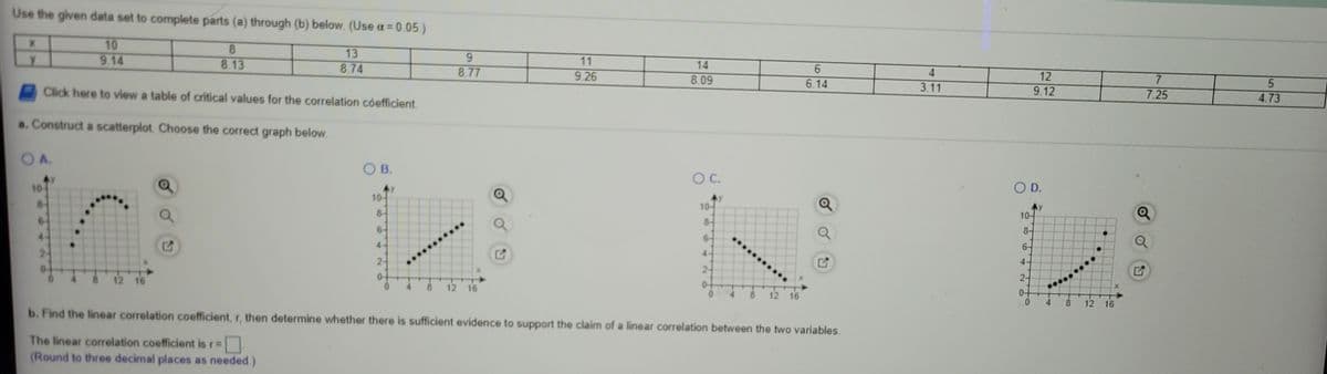 Use the given data set to complete parts (a) through (b) below. (Use a= 0.05.)
10
9.14
8.
13
6.
8.77
8.13
8.74
11
14
4.
3.11
9.26
8.09
12
6.14
Click here to view a table of critical values for the correlation coefficient.
9.12
7.25
4.73
a. Construct a scatterplot. Choose the correct graph below.
OA.
O B.
OC.
10
O D.
10-
10-
8-
y
10-
8-
8-
6-
4-
6-
4-
4-
2-
12
16
2-
12
16
12 16
0-
0.
4.
8.
12
16
b. Find the linear correlation coefficient, r, then determine whether there is sufficient evidence to support the claim of a linear correlation between the two variables.
The linear corelation coefficient is r=
(Round to three decimal places as needed.)
LO
