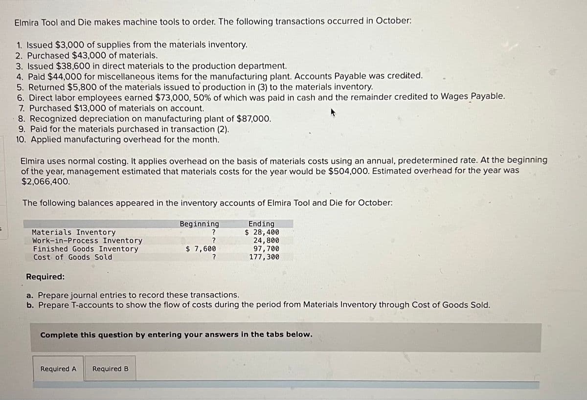6
Elmira Tool and Die makes machine tools to order. The following transactions occurred in October:
1. Issued $3,000 of supplies from the materials inventory.
2. Purchased $43,000 of materials.
3. Issued $38,600 in direct materials to the production department.
4. Paid $44,000 for miscellaneous items for the manufacturing plant. Accounts Payable was credited.
5. Returned $5,800 of the materials issued to production in (3) to the materials inventory.
6. Direct labor employees earned $73,000, 50% of which was paid in cash and the remainder credited to Wages Payable.
7. Purchased $13,000 of materials on account.
8. Recognized depreciation on manufacturing plant of $87,000.
9. Paid for the materials purchased in transaction (2).
10. Applied manufacturing overhead for the month.
Elmira uses normal costing. It applies overhead on the basis of materials costs using an annual, predetermined rate. At the beginning
of the year, management estimated that materials costs for the year would be $504,000. Estimated overhead for the year was
$2,066,400.
The following balances appeared in the inventory accounts of Elmira Tool and Die for October:
Ending
$ 28,400
24,800
97,700
177,300
Materials Inventory
Work-in-Process Inventory
Finished Goods Inventory
Cost of Goods Sold
Beginning
?
?
$ 7,600
Required:
a. Prepare journal entries to record these transactions.
b. Prepare T-accounts to show the flow of costs during the period from Materials Inventory through Cost of Goods Sold.
Required A Required B
Complete this question by entering your answers in the tabs below.