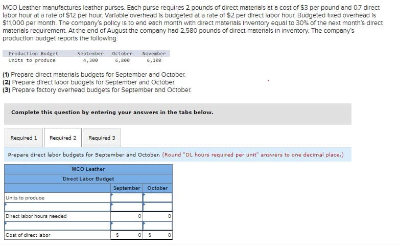 MCO Leather manufactures leather purses. Each purse requires 2 pounds of direct materials at a cost of $3 per pound and 0.7 direct
labor hour at a rate of $12 per hour. Variable overhead is budgeted at a rate of $2 per direct labor hour. Budgeted fixed overhead is
$11,000 per month. The company's policy is to end each month with direct materials Inventory equal to 30% of the next month's direct
materials requirement. At the end of August the company had 2,580 pounds of direct materials in Inventory. The company's
production budget reports the following.
Production Budget
Units to produce
Required 1
(1) Prepare direct materials budgets for September and October.
(2) Prepare direct labor budgets for September and October.
(3) Prepare factory overhead budgets for September and October.
September
4,300
Complete this question by entering your answers in the tabs below.
Units to produce
October
6,800
Required 2 Required 3
Prepare direct labor budgets for September and October. (Round "DL hours required per unit" answers to one decimal place.)
Direct labor hours needed
Cost of direct labor
MCO Leather
Direct Labor Budget
November
6,100
September October
$
0
0 S
0
0