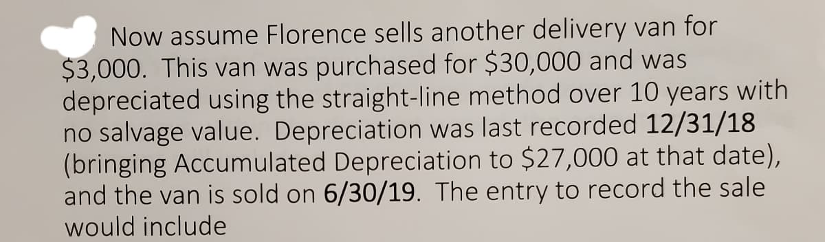 Now assume Florence sells another delivery van for
$3,000. This van was purchased for $30,000 and was
depreciated using the straight-line method over 10 years with
no salvage value. Depreciation was last recorded 12/31/18
(bringing Accumulated Depreciation to $27,000 at that date),
and the van is sold on 6/30/19. The entry to record the sale
would include
