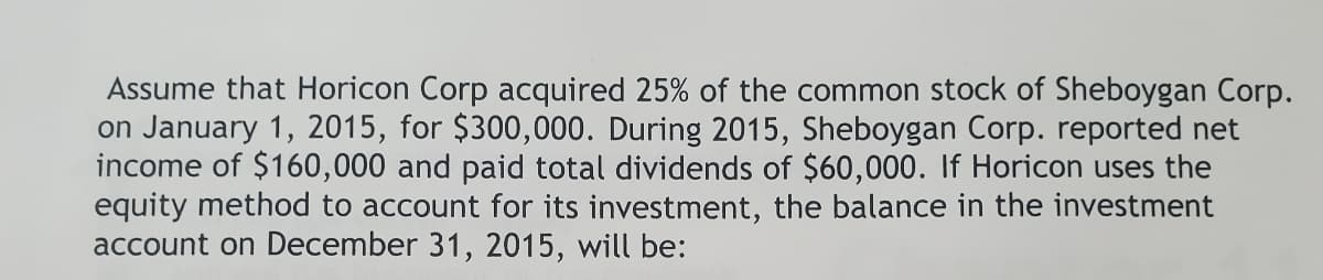 Assume that Horicon Corp acquired 25% of the common stock of Sheboygan Corp.
on January 1, 2015, for $300,000. During 2015, Sheboygan Corp. reported net
income of $160,000 and paid total dividends of $60,000. If Horicon uses the
equity method to account for its investment, the balance in the investment
account on December 31, 2015, will be:
