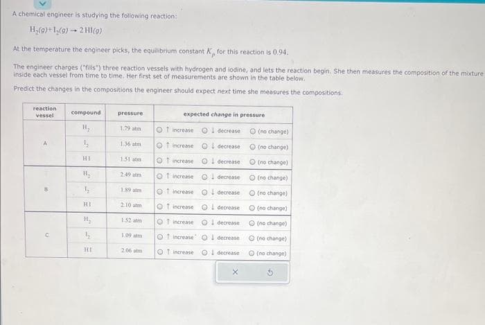 A chemical engineer is studying the following reaction:
H₂(g) +1₂(g) → 2 HI(g)
At the temperature the engineer picks, the equilibrium constant X, for this reaction is 0.94.
The engineer charges ("fills") three reaction vessels with hydrogen and lodine, and lets the reaction begin. She then measures the composition of the mixture
inside each vessel from time to time. Her first set of measurements are shown in the table below.
Predict the changes in the compositions the engineer should expect next time she measures the compositions.
reaction
vessel
compound
H₂
HI
H₂
4₂
HI
S
L
4₂
HI
pressure
1.79 atm
1,36 atm
1.51 atm
2.49 atm
1.89 atm
2.10 atm
1.52 atm
1.09 atm
2.06 atm
expected change in pressure
Ot increase O decrease
O increase O
decrease
decrease
Of increase O
O1 Increase O
decrease
O1 increase O decrease
O increase O
decrease
OT increase O
O1 increase O
decrease
decrease
decrease
Tincrease O
X
(no change)
(no change)
(no change)
O(no change)
(no change)
(no change)
(no change)
(no change)
(no change)