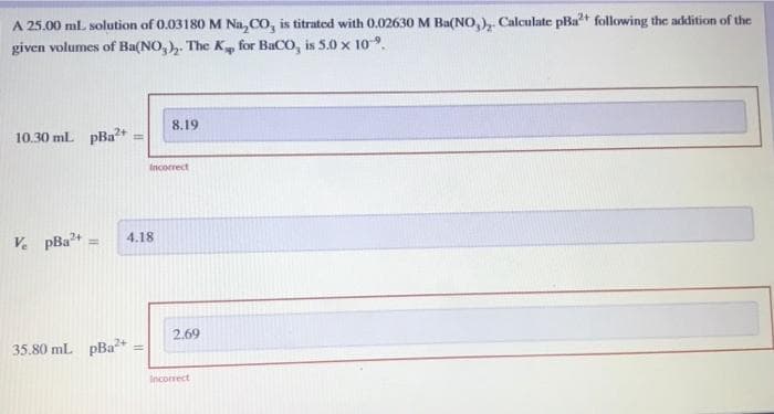 A 25.00 ml. solution of 0.03180 M Na, CO, is titrated with 0.02630 M Ba(NO, ), Calculate pBa+ following the addition of the
given volumes of Ba(NO,). The K, for BaCO, is 5.0 x 10.
8.19
10.30 ml pBa+
Incorrect
Ve pBa+
4.18
%3D
2.69
35.80 mL pBa²*
Incorrect
