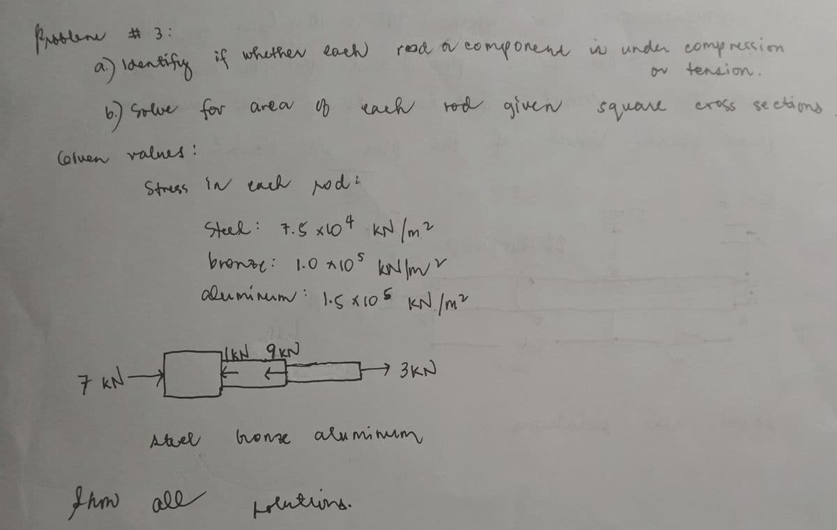 Steel: 7.Š xl04
Problene # 3:
a) ldentify if whether each
reod o componene ù
w under comp ression
ou tension.
6.)
Solve for area up
rod given square
each
cross se ctions
Cofuen
valnes:
Stress iN each pod:
Steed: 7.5 x104 kN /m?
bronde: 1.0 A10°
kN Imr
S KN./m?
aluminum: Il.s x10
7 KN-
H3KN
steel
Gonze aluminum
thm
all
Holutins
