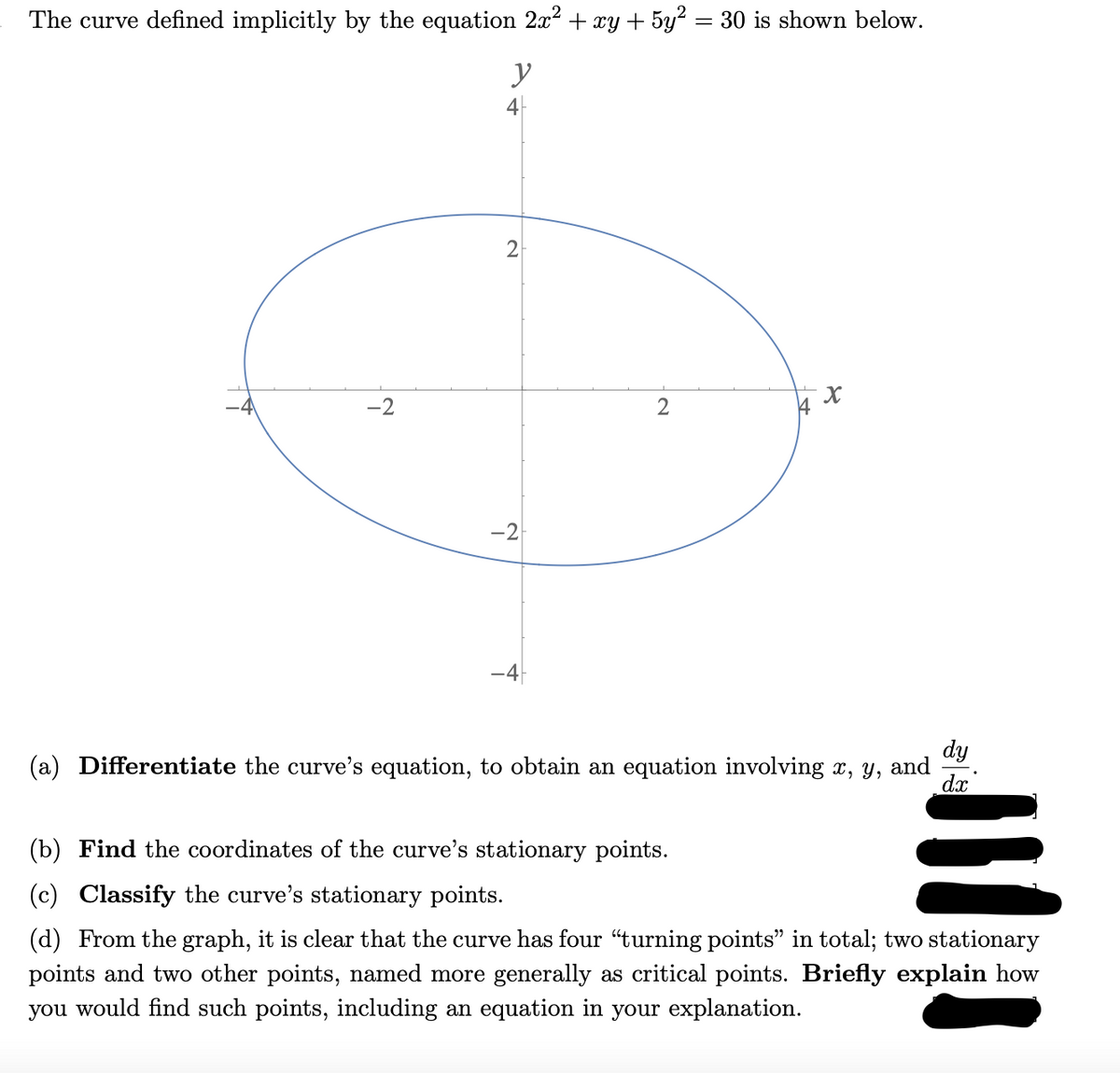 The curve defined implicitly by the equation 2x² + xy + 5y? = 30 is shown below.
y
4
-2
-2
-4
dy
(a) Differentiate the curve's equation, to obtain an equation involving x, y, and
dx
(b) Find the coordinates of the curve's stationary points.
(c) Classify the curve's stationary points.
(d) From the graph, it is clear that the curve has four "turning points" in total; two stationary
points and two other points, named more generally as critical points. Briefly explain how
you would find such points, including an equation in your explanation.
2.
