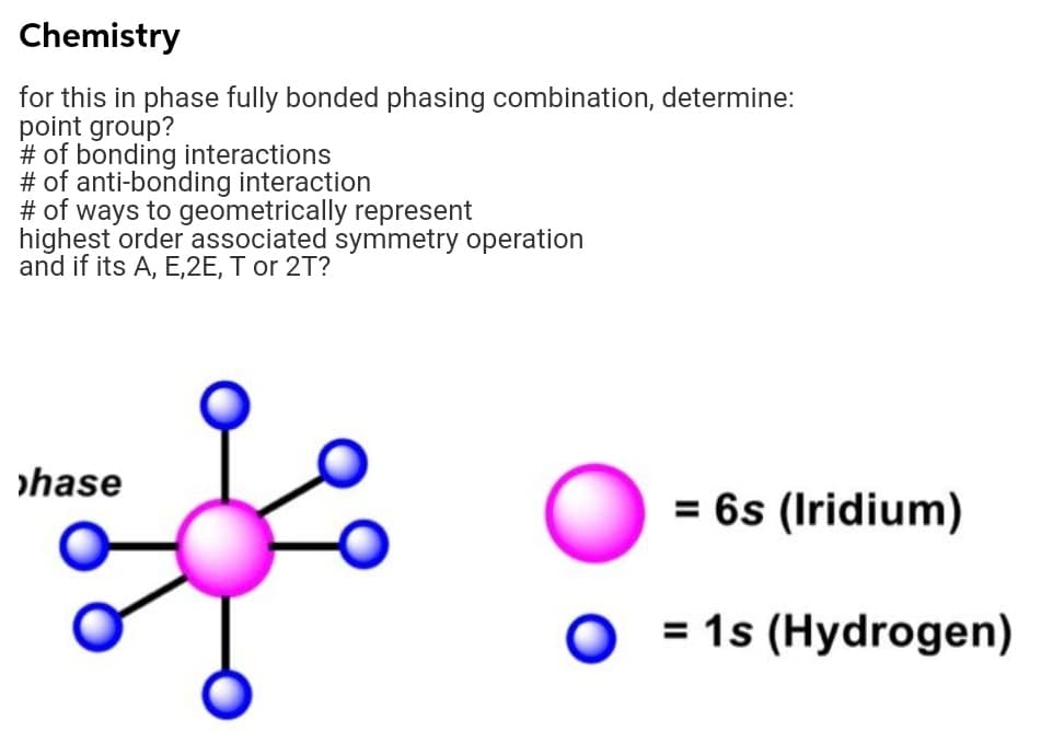 Chemistry
for this in phase fully bonded phasing combination, determine:
point group?
# of bonding interactions
# of anti-bonding interaction
# of ways to geometrically represent
highest order associated symmetry operation
and if its A, E,2E, T or 2T?
hase
= 6s (Iridium)
= 1s (Hydrogen)
