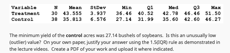 Variable
Treatment
Control
N Mean StDev
30 43.555
38 35.813
3.937
6.576
Min
Q1
Q3 Max
36.46 40.52 42.78 46.46 51.50
27.14 31.99 35.60 42.60 46.27
Med
The minimum yield of the control acres was 27.14 bushels of soybeans. Is this an unusually low
(outlier) value? On your own paper, justify your answer using the 1.5(IQR) rule as demonstrated in
the lecture videos. Create a PDF of your work and upload it where indicated.