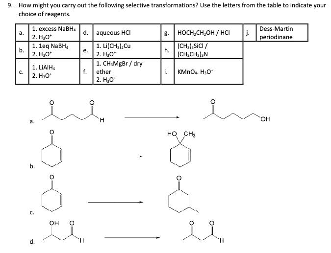 9. How might you carry out the following selective transformations? Use the letters from the table to indicate your
choice of reagents.
1. excess NaBH4
d.
aqueous HCI
g.
HOCH2CH2OH / HCI
j.
2. H3O+
Dess-Martin
periodinane
1. 1eq NaBH4
1. Li(CH3)2Cu
(CH3)3SICI /
b.
e.
h.
2. H3O+
2. H₂O*
(CH3CH2)3N
1. CH3MgBr/dry
1. LiAlH4
C.
f.
ether
i.
KMnO4. H3O+
2. H3O+
2. H₂O*
ii
C.
d.
OH
°
H
OH
H
HO CH3
&
오요..
H