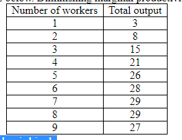 Number of workers Total output
1
3
2
8
3
15
4
21
5
26
6
28
7
29
8
29
27
