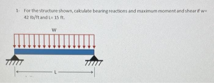 1- For the structure shown, calculate bearing reactions and maximum moment and shear if w=
42 lb/ft and L= 15 ft.
W