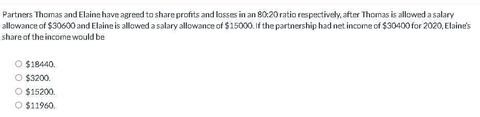 Partners Thomas and Elaine have agreed to share profits and losses in an 80:20 ratio respectively, after Thomas is allowed a salary
allowance of $30600 and Elaine is allowed a salary allowance of $15000. If the partnership had net income of $30400 for 2020, Elaine's
share of the income would be
$18440.
$3200.
$15200.
○ $11960.