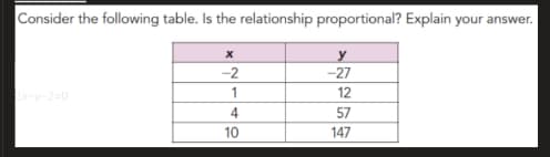 ### Exploring Proportional Relationships 

Consider the following table. Is the relationship proportional? Explain your answer by examining the values in the table.

|   x  |   y   |
|:----:|:-----:|
| -2   | -27   |
|  1   |  12   |
|  4   |  57   |
| 10   | 147   |

#### Analysis

To determine if the relationship between \( x \) and \( y \) is proportional, we need to check if the ratio \( \frac{y}{x} \) is constant across all pairs of values. This means the ratio should be the same for every pair \((x, y)\).

#### Calculations
1. Calculate the ratio for each pair:
   - For \( x = -2 \) and \( y = -27 \): \( \frac{-27}{-2} = 13.5 \)
   - For \( x = 1 \) and \( y = 12 \): \( \frac{12}{1} = 12 \)
   - For \( x = 4 \) and \( y = 57 \): \( \frac{57}{4} = 14.25 \)
   - For \( x = 10 \) and \( y = 147 \): \( \frac{147}{10} = 14.7 \)

Since the ratios are not the same, the relationship is not proportional.

#### Conclusion

The relationship between \( x \) and \( y \) is not proportional because the ratio of \( y \) to \( x \) is not constant across the table.