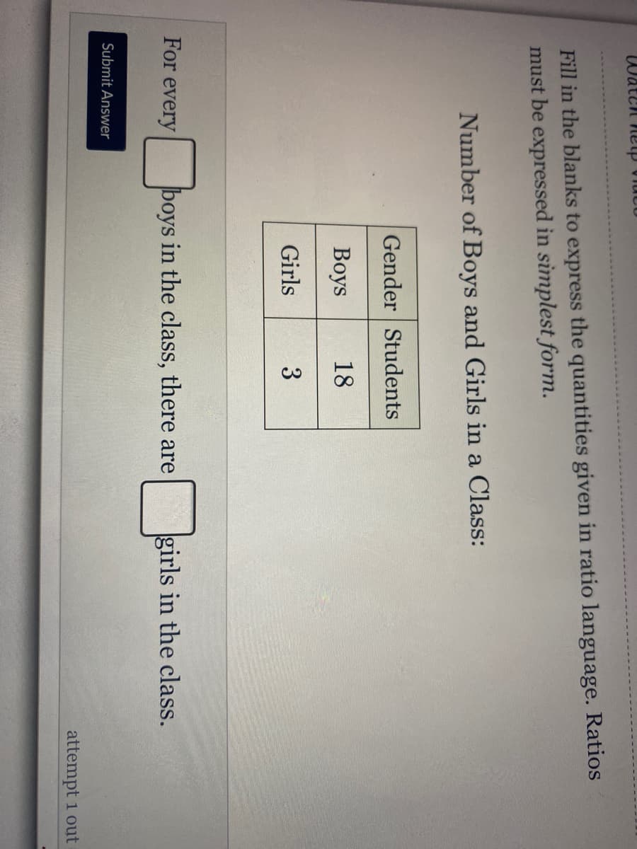 Fill in the blanks to express the quantities given in ratio language. Ratios
must be expressed in simplest form.
Number of Boys and Girls in a Class:
Gender Students
Вoys
18
Girls
3
For every
boys in the class, there are
girls in the class.
Submit Answer
attempt 1 out
