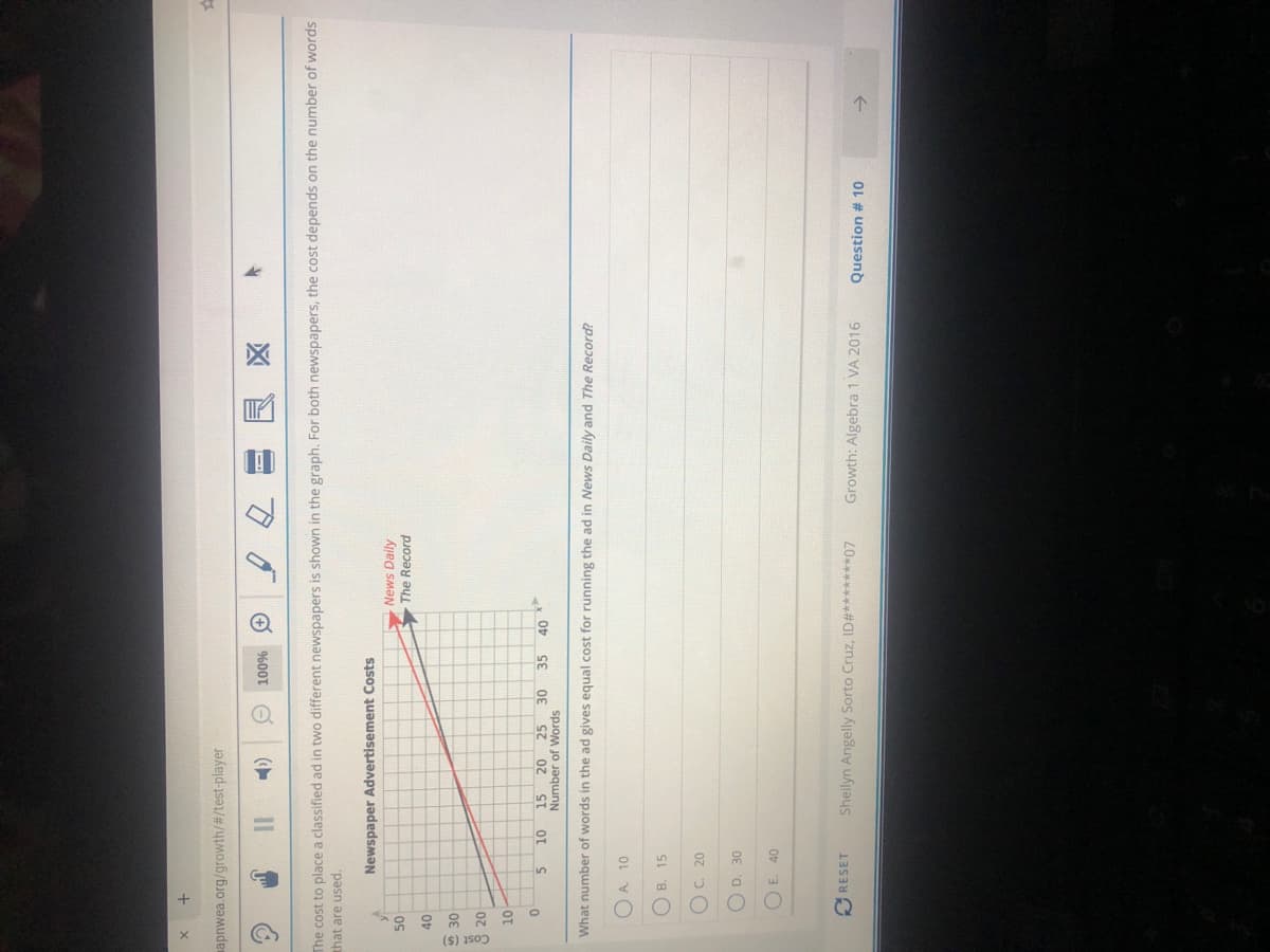 O O
apnwea.org/growth/#/test-player
II
区
The cost to place a classified ad in two different newspapers is shown in the graph. For both newspapers, the cost depends on the number of words
that are used.
Newspaper Advertisement Costs
News Daily
The Record
OS
30
8 20
OT
15 20 25
Number of Words
35
What number of words in the ad gives equal cost for running the ad in News Daily and The Record?
O A. 10
OB. 15
OC 20
O D. 30
OE. 40
O RESET
Sheilyn Angelly Sorto Cruz, ID#*******07
Growth: Algebra 1 VA 2016
Question # 10
