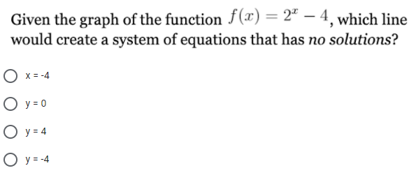 Given the graph of the function f(x) = 2ª – 4, which line
would create a system of equations that has no solutions?
%3D
O x= -4
O y = 0
O y = 4
O y = -4
