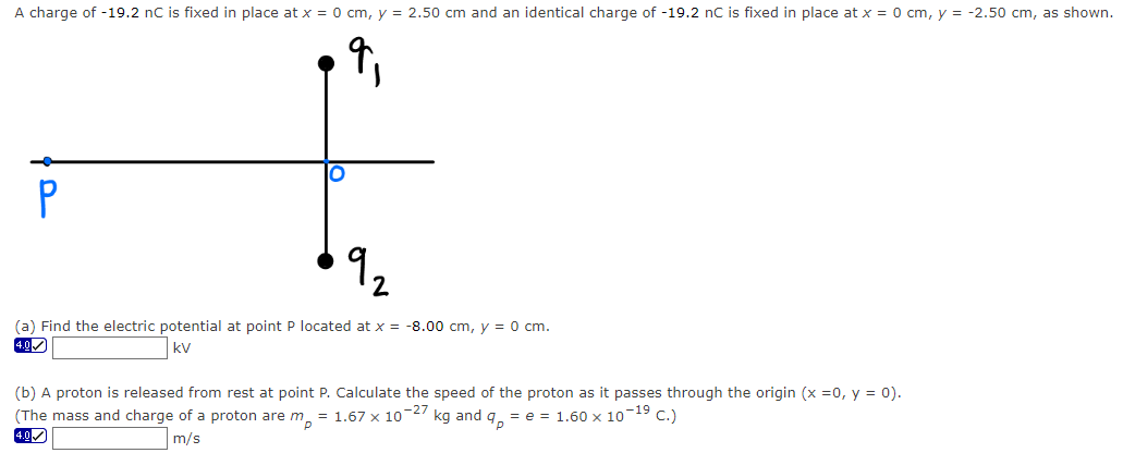 A charge of -19.2 nC is fixed in place at x = 0 cm, y = 2.50 cm and an identical charge of -19.2 nC is fixed in place at x = 0 cm, y = -2.50 cm, as shown.
P
2
(a) Find the electric potential at point P located at x = -8.00 cm, y = 0 cm.
4.0
kv
(b) A proton is released from rest at point P. Calculate the speed of the proton as it passes through the origin (x = 0, y = 0).
(The mass and charge of a proton are m = 1.67 x 10-27 kg and q = e = 1.60 x 10-19 C.)
4.0✔
m/s