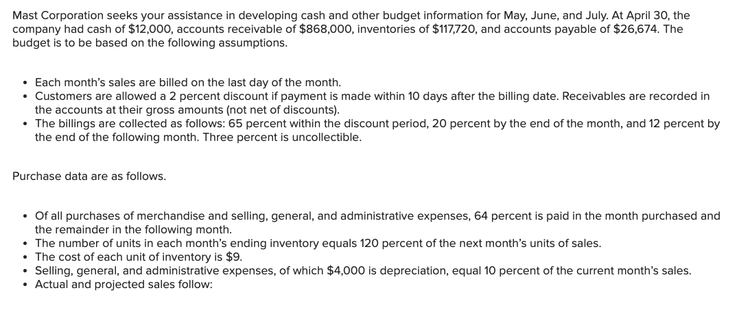 Mast Corporation seeks your assistance in developing cash and other budget information for May, June, and July. At April 30, the
company had cash of $12,000, accounts receivable of $868,000, inventories of $117,720, and accounts payable of $26,674. The
budget is to be based on the following assumptions.
• Each month's sales are billed on the last day of the month.
• Customers are allowed a 2 percent discount if payment is made within 10 days after the billing date. Receivables are recorded in
the accounts at their gross amounts (not net of discounts).
• The billings are collected as follows: 65 percent within the discount period, 20 percent by the end of the month, and 12 percent by
the end of the following month. Three percent is uncollectible.
Purchase data are as follows.
• Of all purchases of merchandise and selling, general, and administrative expenses, 64 percent is paid in the month purchased and
the remainder in the following month.
• The number of units in each month's ending inventory equals 120 percent of the next month's units of sales.
• The cost of each unit of inventory is $9.
• Selling, general, and administrative expenses, of which $4,000 is depreciation, equal 10 percent of the current month's sales.
• Actual and projected sales follow:
