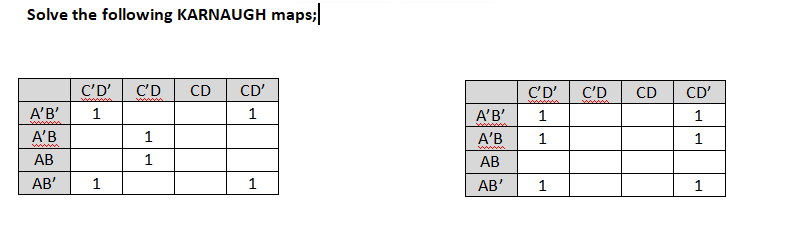 Solve the following KARNAUGH maps;
C'D'
C'D
CD
CD'
C'D'
C'D
CD
CD'
wwww.
A'B'
1
1
A'B'
1
1
A'B
1
A'B
1
1
w
AB
1
АВ
AB'
1
1
AB'
1
1
