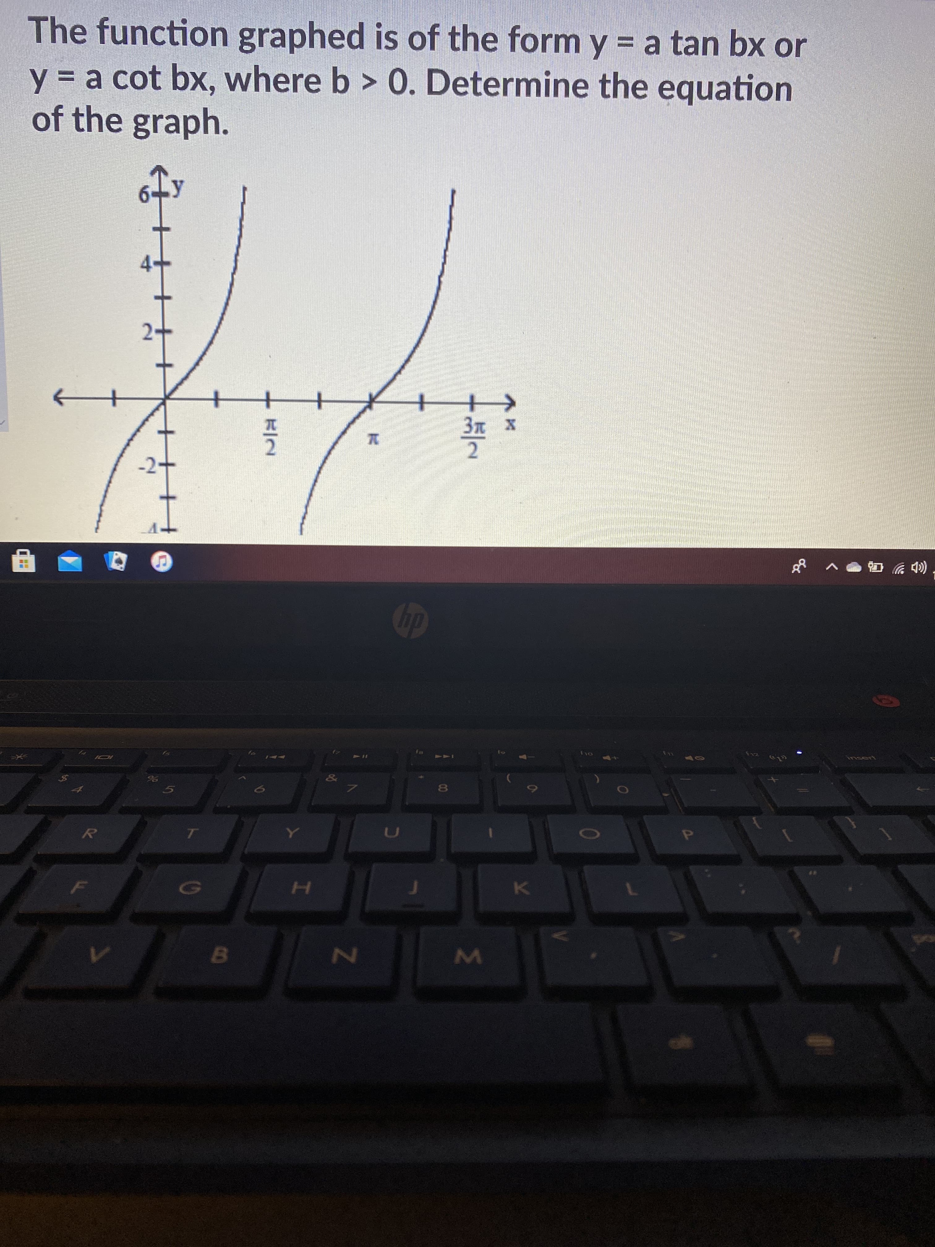 The function graphed is of the form y = a tan bx or
y = a cot bx, where b > 0. Determine the equation
of the graph.
