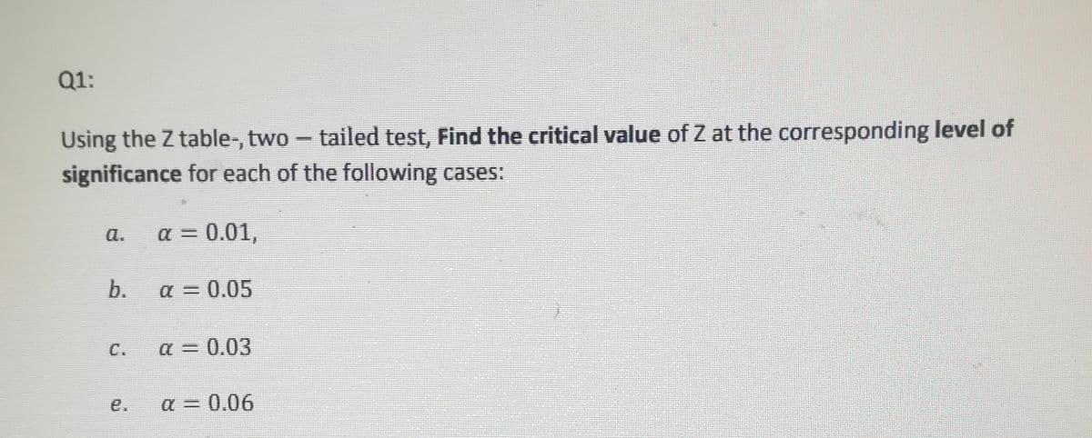 Q1:
Using the Z table-, two- tailed test, Find the critical value of Z at the corresponding level of
significance for each of the following cases:
a.
a = 0.01,
b.
a = 0.05
C.
a = 0.03
e.
a = 0.06
