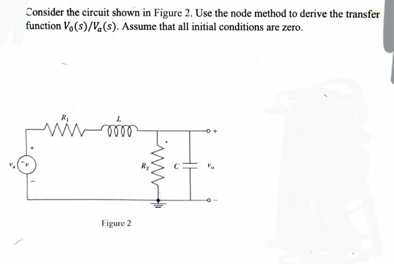 Consider the circuit shown in Figure 2. Use the node method to derive the transfer
function Vo(s)/Va(s). Assume that all initial conditions are zero.
R₁
www mo
Figure 2
R₂