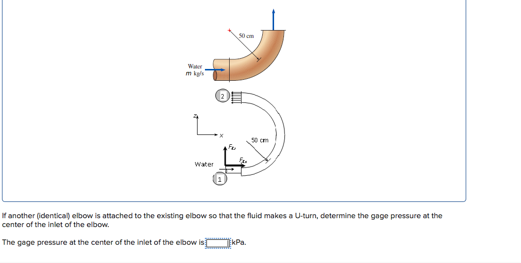 50 cm
Water
m kg/s
50 cm
Fe,
FRr
Water
If another (identical) elbow is attached to the existing elbow so that the fluid makes a U-turn, determine the gage pressure at the
center of the inlet of the elbow.
The gage pressure at the center of the inlet of the elbow is
kPa.
