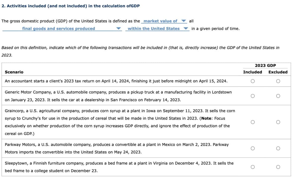 The gross domestic product (GDP) of the United States is defined as the market value of
final goods and services produced
within the United States
all
in a given period of time.
2. Activities included (and not included) in the calculation of GDP
2023 GDP
Included
Excluded
Based on this definition, indicate which of the following transactions will be included in (that is, directly increase) the GDP of the United States in
2023.
O
O
о
о
Scenario
An accountant starts a client's 2023 tax return on April 14, 2024, finishing it just before midnight on April 15, 2024.
Generic Motor Company, a U.S. automobile company, produces a pickup truck at a manufacturing facility in Lordstown
on January 23, 2023. It sells the car at a dealership in San Francisco on February 14, 2023.
Graincorp, a U.S. agricultural company, produces corn syrup at a plant in Iowa on September 11, 2023. It sells the corn
syrup to Crunchy's for use in the production of cereal that will be made in the United States in 2023. (Note: Focus
exclusively on whether production of the corn syrup increases GDP directly, and ignore the effect of production of the
cereal on GDP.)
Parkway Motors, a U.S. automobile company, produces a convertible at a plant in Mexico on March 2, 2023. Parkway
Motors imports the convertible into the United States on May 24, 2023.
Sleepytown, a Finnish furniture company, produces a bed frame at a plant in Virginia on December 4, 2023. It sells the
bed frame to a college student on December 23.
о
о